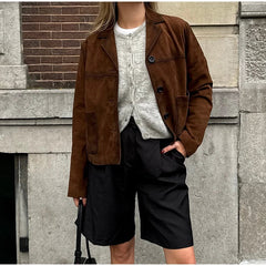 Retro Suede Female Blazer Jacket Chic Lapel Single Breasted Long Sleeve Lady Short Coat Autumn Winter Pockets Lady Outwear
