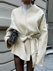 Elegant Lace Up Coat For Women V-neck Long Sleeve Slim Jacket Cardigan 2025 Autumn Winter Lady Streetwear Outwear New In Coats