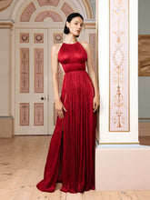Sexy Halter Neck Chain Pleated High Split Long Dress Backless Christmas Party Dresses-L