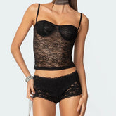 Sheer Lace Cupped Corset Hook Eye Back Crop Top See-Through Shorts Two Pieces Set Black / S twopiecesset-250126