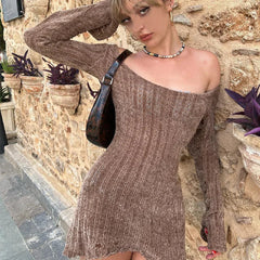 Sexy Autumn Long Sleeve Dresses Vintage Brown Y2k Mini Dress Women's Clothing Sale Outfit Solid Bodycon Short Streetwear Clothes