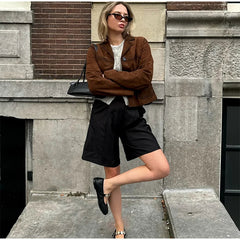 Retro Suede Female Blazer Jacket Chic Lapel Single Breasted Long Sleeve Lady Short Coat Autumn Winter Pockets Lady Outwear