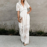 Lace Maxi Dress Vintage White Deep V-neck Summer Dress WHITE / S bohodress-250126