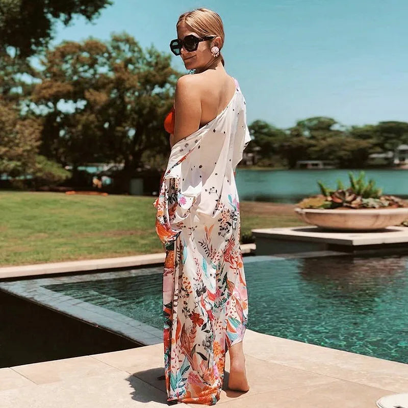 White Floral Print Loose Kimono Beach Cover up florl print / One Size bohocoverup-250126