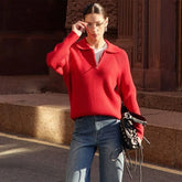 Casual Zipper Long Sleeve Pullover Solid Loose Warm Christmas Sweater Sweaters-L