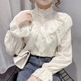 Vintage Ruffled Lace White Shirt Long Sleeve Casual Blouse blouse-250126