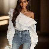 Ruffled Off Shoulder Slim Fit Casual Long Sleeve Blouse blouse-250126