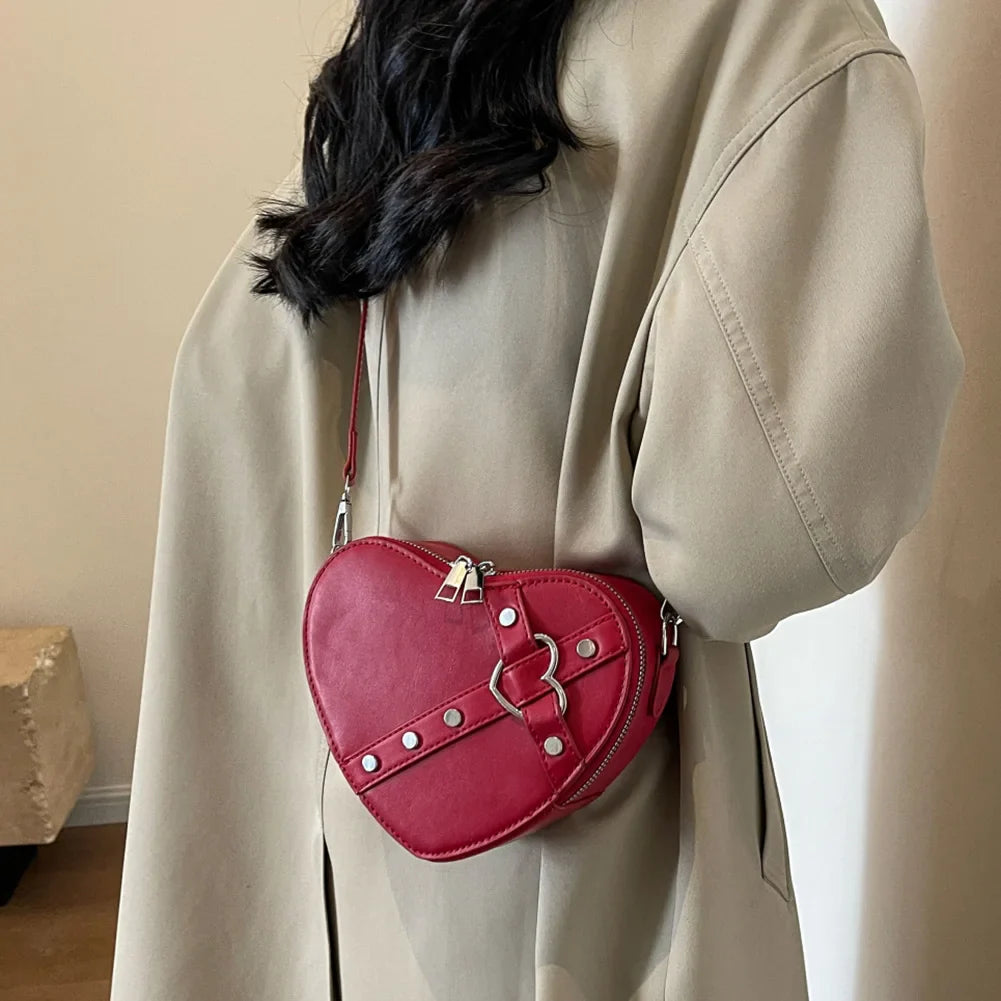 Vintage Chain Rivet PU Heart Small Leather Y2K Red Shaped Bag