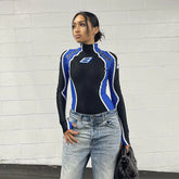 Women Streetwear Contrast-color Print Skinny Moto Rompers Knit Top Blue / S knittop-250126