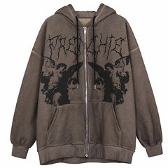 Gothic Punk Skeleton Print Hoody Jacket Brown / M