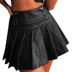 Vintage PU Leather High Waist Pleated Black Slim A-Line Mini Skirt