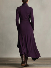 Purple High-neck Asymmetrical Pleated Maxi Dress