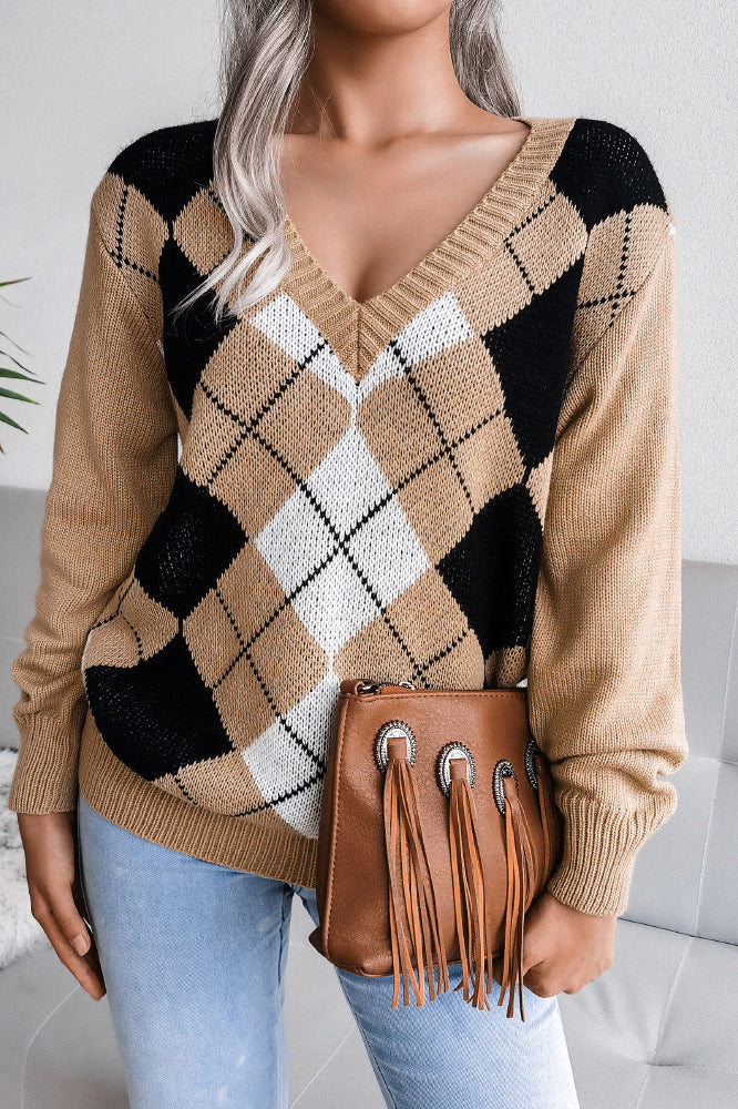 Argyle V Neck Knit Pullover Sweater