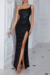 Sexy One-Shoulder Sleeveless Slit Bodycon Party Sequin Dress