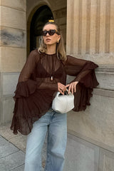 Ruffle Sleeve Loose Chiffon Blouse