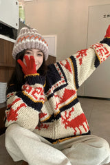 Knitted Relaxed Christmas Deer Striped Sweater