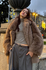 Solid Collar Mid Length Faux Fur Coat
