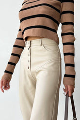 Chic Leather Patchwork Slim Straight Pants