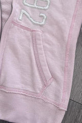 Pink Fur Trim Embroidered Zip-Up Hoodie