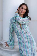 Crochet Colorful Stripe V-Neck Flare Sleeve Maxi Dress