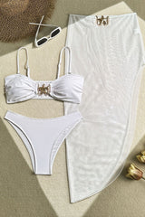 Solid Mesh Long Skirt Three Piece Swim Set