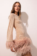 Sequin Feather Trim Open Back Mini Party Dress