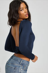 Solid Color Fitted Open Back Sexy Long Sleeve Tee