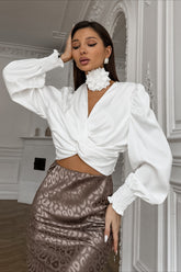 Glossy Satin Cropped V-Neck Blouse