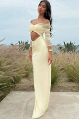 Mesh Patchwork See-Through Full Sleeve Slash Neck Maxi Dress