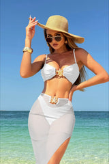 Solid Mesh Long Skirt Three Piece Swim Set
