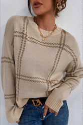 Plaid Stripe Crew Neck Knit Sweater