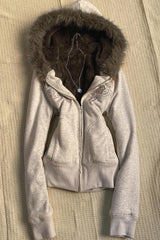 Embroidered Fur Trim Cropped Zip Hoodie