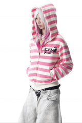 Pink Striped Graphic Zip Up Hoodie