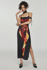 Flame Print Cami Backless Midi Dress
