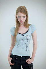 Cross Print Lace Trim Layered T-Shirt