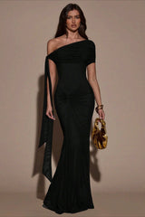 One Shoulder Cape Ruched Formal Dress