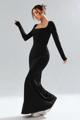 Square Neck Long Sleeve Waist Cinched Work Dress