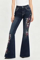 Butterfly Embroidered Stretch Slim Flare Jeans
