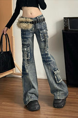 Washed Low Rise Multi-Pocket Cargo Jeans