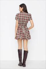 Plaid Mock Neck Pleated Mini Dress