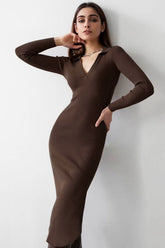 Deep V Collar Bodycon Midi Dress