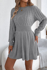 Solid Round Neck Chunk Cable Waisted Knit Mini Dress