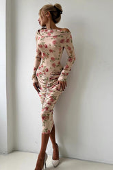 Asymmetrical Neck Ruched Midi Dress