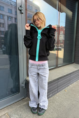 Contrast Oversized Ring Pull Zip Hoodie