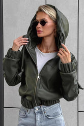 PU Leather Hooded Casual Jacket