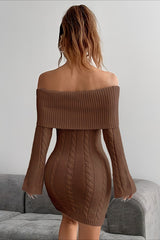 Trendy Casual Versatile Solid Off Shoulder Knit Sweater Dress