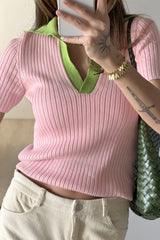 Contrast Collar Ribbed Polo Knit Sweater