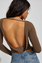 Solid Color Fitted Open Back Sexy Long Sleeve Tee