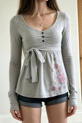 Floral Button Front Tie Waist Long Sleeve T-Shirt
