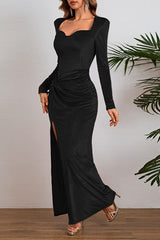 Elegant Long Sleeve Ruched Velvet Slit Fitted Waist Party Dress